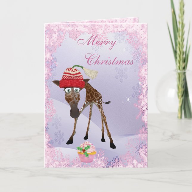 Funny Cute Giraffe & Pink Cupcake Carte de Noël (Devant)