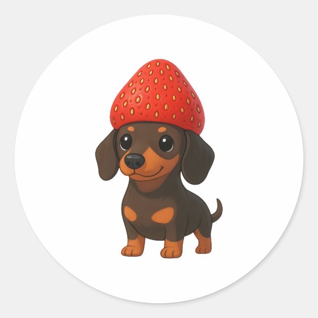 Funny dachshund with strawberries and hat fruity runder aufkleber (Vorderseite)