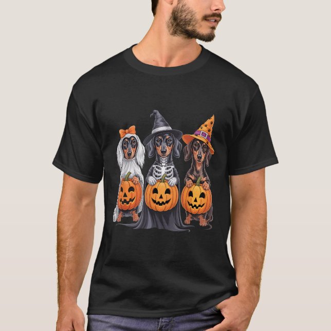 Funny Dackel Halloween Pumpkin Würstchen Dog Skele T-Shirt (Vorderseite)