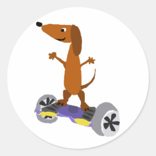 Funny Dackel Hund auf Hoverboard Runder Aufkleber