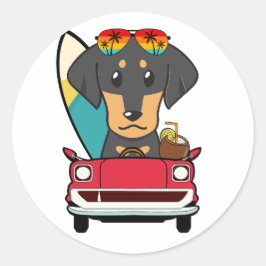 Funny Dackel Hund fährt zum Strand Runder Aufkleber