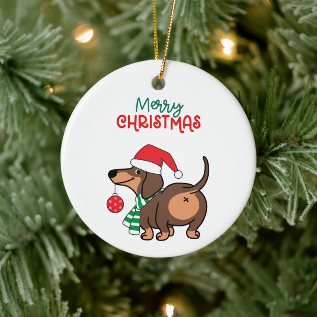 Funny Dackel Hund Niedlich Frohe Weihnachten Keramik Ornament (Baum)