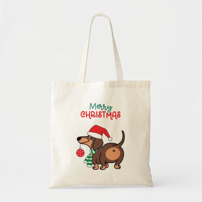 Funny Dackel Hund Niedlich Frohe Weihnachten Tragetasche (Vorne)