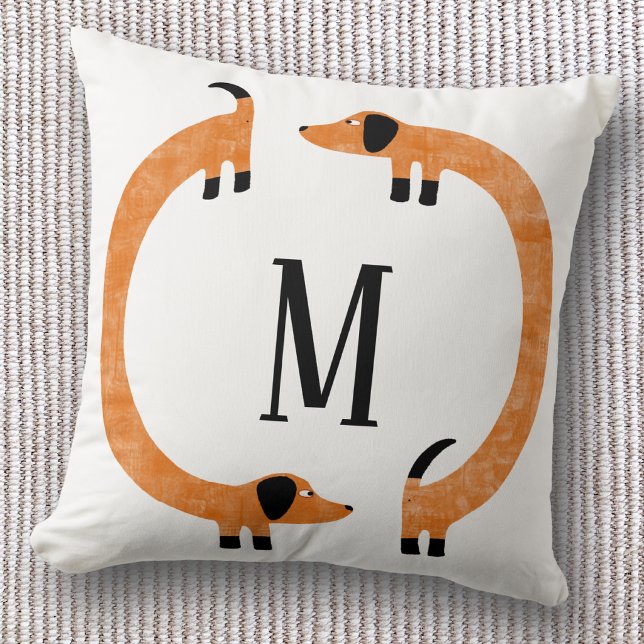 Funny Dackel Sausage Dog Monogramm Kissen (Fun Dachshund wiener dog personalized monogram initial throw pillow)