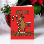 Funny Dancer Christmas Rentier Pub Feiertagskarte<br><div class="desc">Einer der Rentiere des Weihnachtsmanns - Tänzer - grinst und tanzt um einen Bonbonstock am Nordpol. Das ist die perfekte Grußkarte,  wenn Sie nach einem lustigen,  fröhlichen Cartoon-Pun für Weihnachten / die Ferienzeit suchen. Rote Hintergrundfarbe und Insidertext sind anpassbar. Bild urheberrechtlich geschützt.</div>