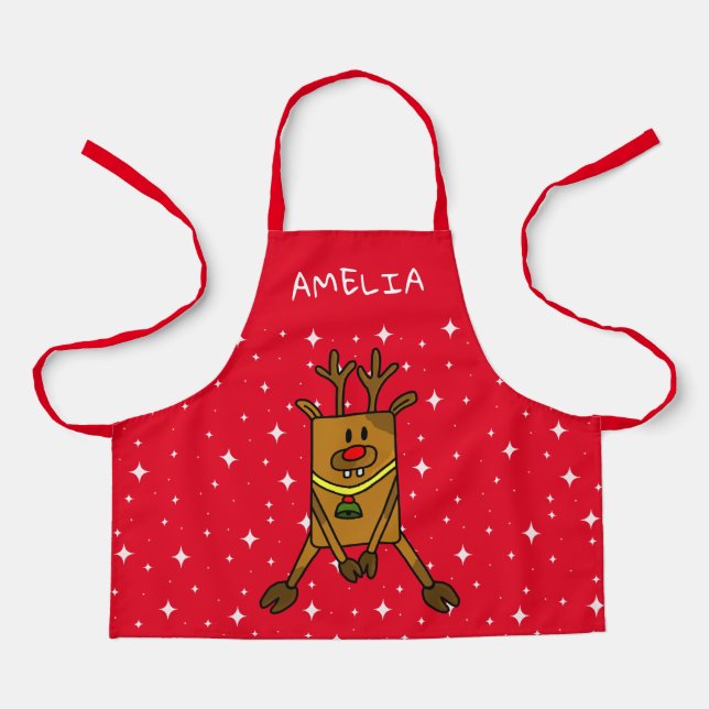Funny Deer Red Stars Zeichne Weihnachtskids Schürze (Vorderseite)