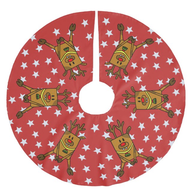 Funny Deer White Stars auf Red Brushed Polyester T Weihnachtsbaumdecke (Vorderseite)
