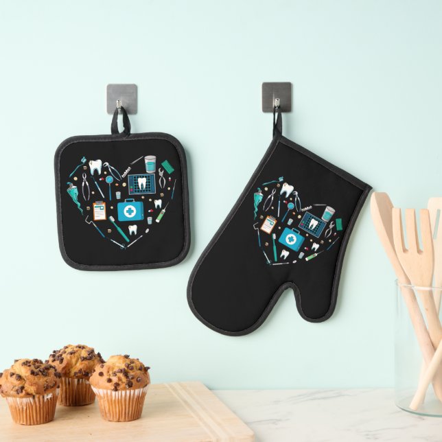 Funny Dental Dentist Tool Herz Ofenhandschuh & Topflappen-Set (Insitu (Hängend))