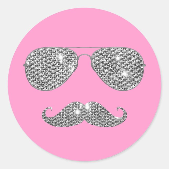 Funny Diamond Mustache mit Brille Runder Aufkleber (Vorderseite)