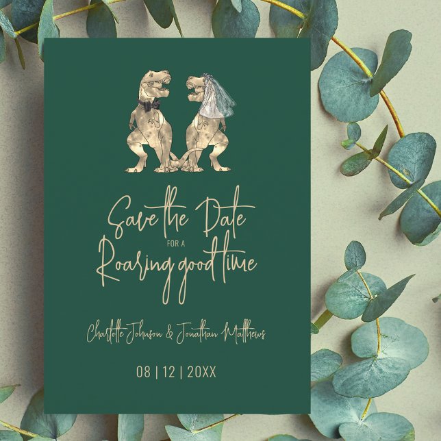 Funny Dinosaur Braut und Groom Wedding Save The Date (Funny Dinosaur wedding save the date invitation Fun T-Rex bride and groom elegant modern script )