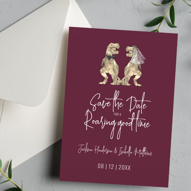 Funny Dinosaur Bride und Groom Wedding Burgundy Save The Date (Funny Dinosaur wedding burgundy ivory cream invitation fun T-Rex dino bride and groom trendy script)