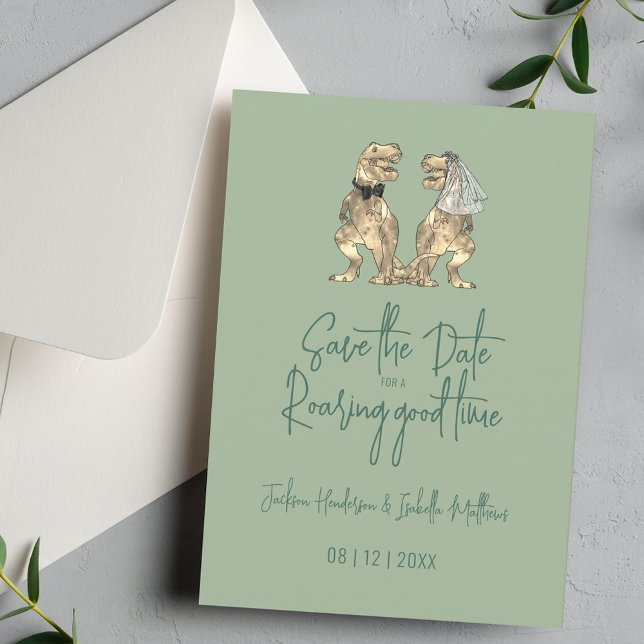 Funny Dinosaur Bride und Groom Wedding Sage Green Save The Date (Funny dinosaur bride and groom roaring good time quote dino wedding save the date sage green invite)