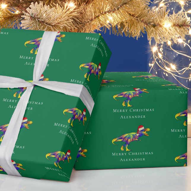 Funny Dinosaur Frohe Weihnachten Personalisiert Geschenkpapier (Funny christmas T-Rex colorful dinosaur personalized boy name green holiday gift wrapping paper)