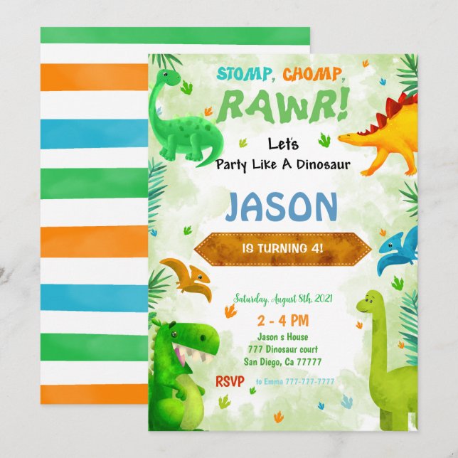 Funny Dinosaur Geburtstagsparty Einladung (Vorne/Hinten)