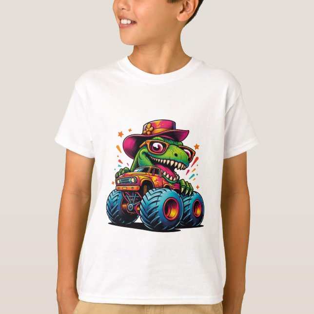 Funny Dinosaur T Rex auf Monster Truck T - Shirt (Vorderseite)