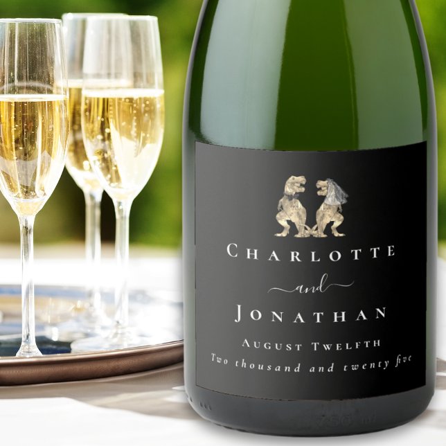 Funny Dinosaur Wedding Black & White Custom (Dinosaur wedding funny T-Rex bride & groom elegant Modern script custom black & white wine labels)