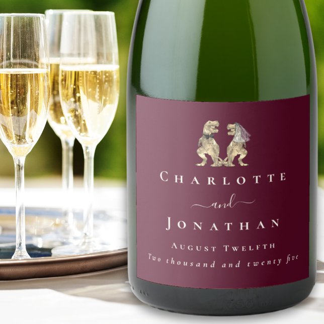 Funny Dinosaur Wedding Burgundy & Cream Custom (Dinosaur wedding funny T-Rex bride & groom elegant Modern script custom burgundy & cream wine labels)