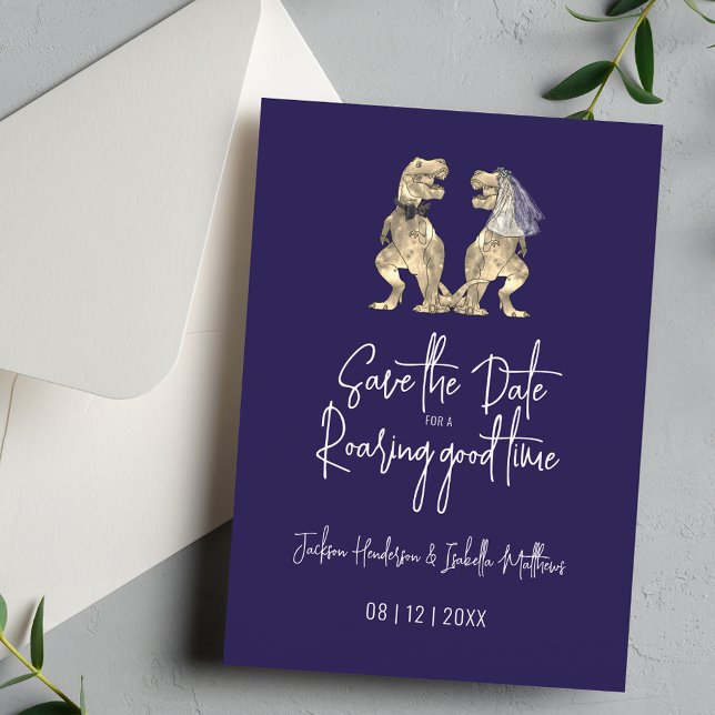 Funny Dinosaur Wedding Navy Blue Save The Date (Funny Dinosaur wedding save the date navy blue white invitation Modern script T-Rex bride and groom)