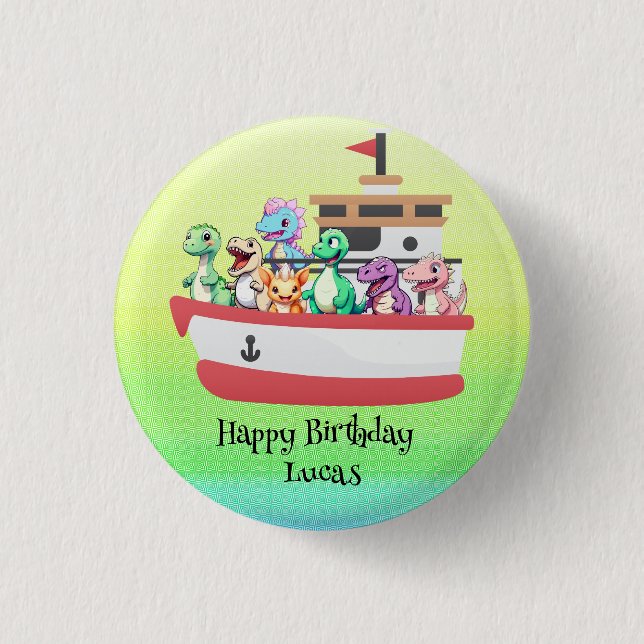 Funny dinosaur Yacht Birthday Party DIY Name Button (Vorderseite)