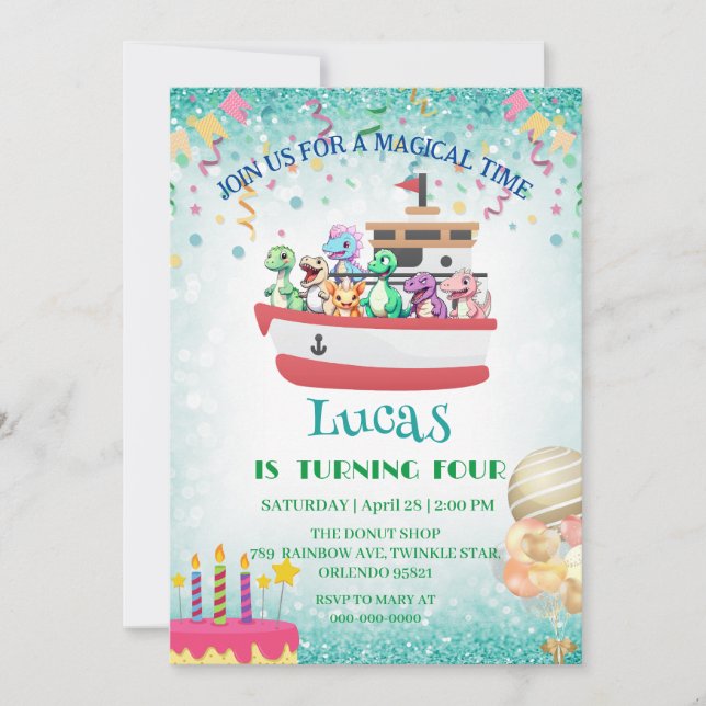 Funny dinosaur Yacht Birthday Party DIY Name Einladung (Vorderseite)