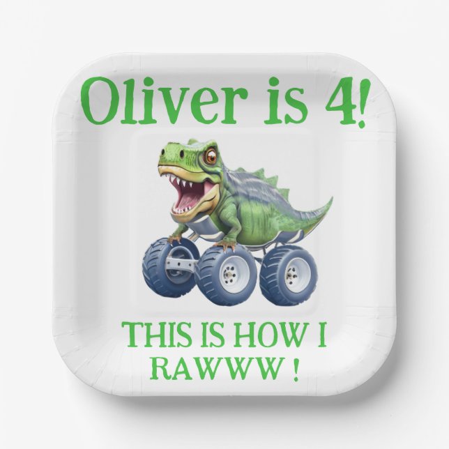 Funny Dinosaurier Monster LKW Pappteller (Vorderseite)