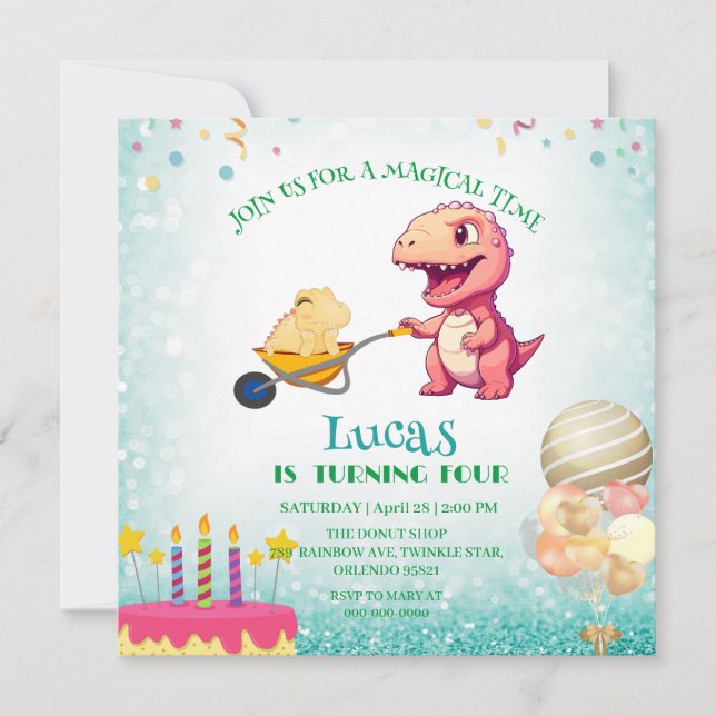 Funny Dinosaurier Strohkarren Geburtstagspartei DI Einladung (Vorderseite)