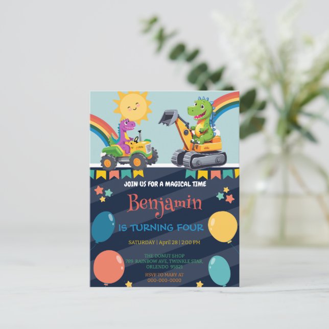 Funny Dinosaurier Traktor Ballon Boy Back To Schoo Postkarte (Stehend Vorderseite)