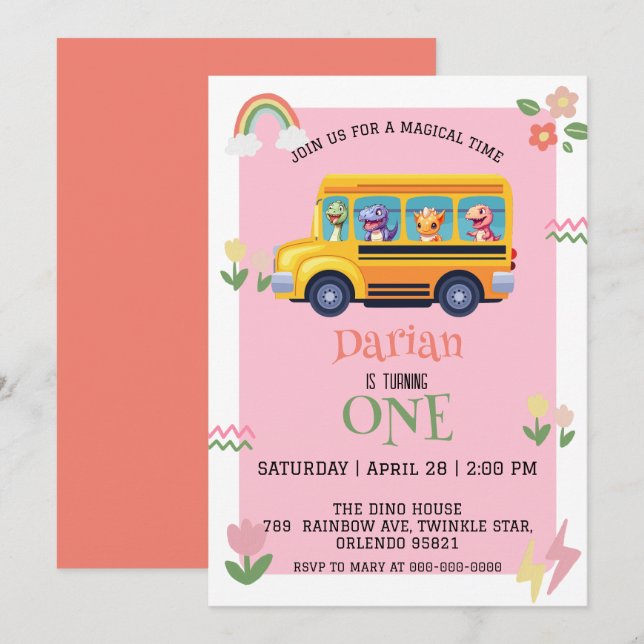 Funny dinosaurier Zurück zu Schulbus Mädchen Gebur Save The Date (Vorne/Hinten)