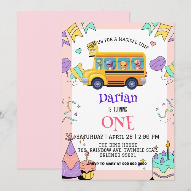 Funny Dinosaurier Zurück zur Schule Bus Kuchen Geb Save The Date (Vorne/Hinten)