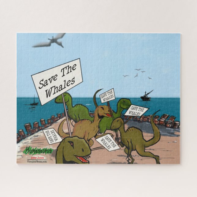 Funny Dinosaurs Protest "Rett the Whales" Cartoon (Horizontal)