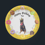 Funny Doberman Birthday Party Paper Plate Pappteller<br><div class="desc">Der deutsche Doberman Dog Donuts Geburtstagsparty Paper Plate. Die Zeit, die Donuts zu essen! Dieser lustige Geburtstagspapier-Teller zeigt Ihren Lieblingshund Doberman, der alle in seinem Party-Hut versteckt ist, und macht sich auf Ihren Geburtstagsklotz. Überall fliegen Sprinkles, Donuts werden über eine gelbe Grenze geschleudert, und der Geburtsstern heißt unter den Worten...</div>