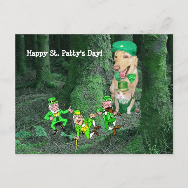 Funny Dog & Cat St. Patrick's Day Postkarte (Vorderseite)