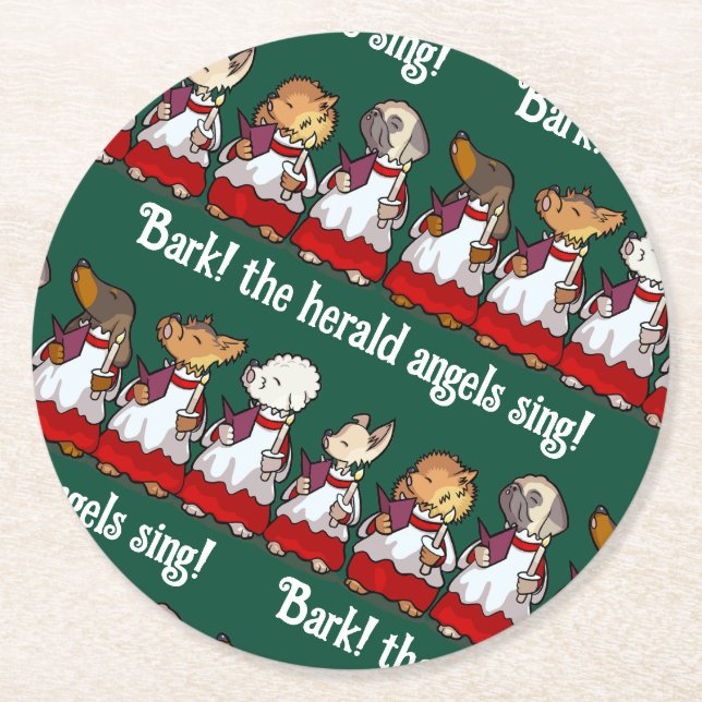 Funny Dog Choir Bark! Xmas Carol Pun Cartoon Runder Pappuntersetzer (Vorderseite)
