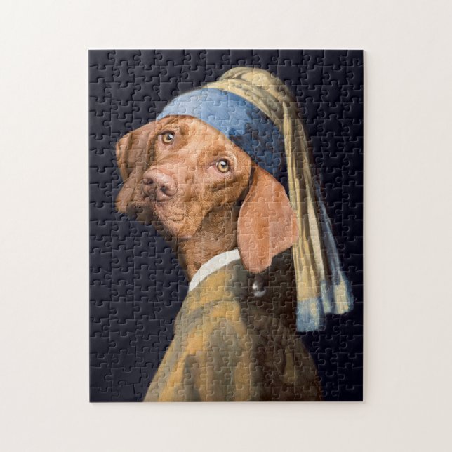Funny Dog Girl mit Pearl Earring Vermeer Parody (Vertikal)