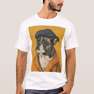 Funny Dog in Beret Naive Zeichnend T - Shirt