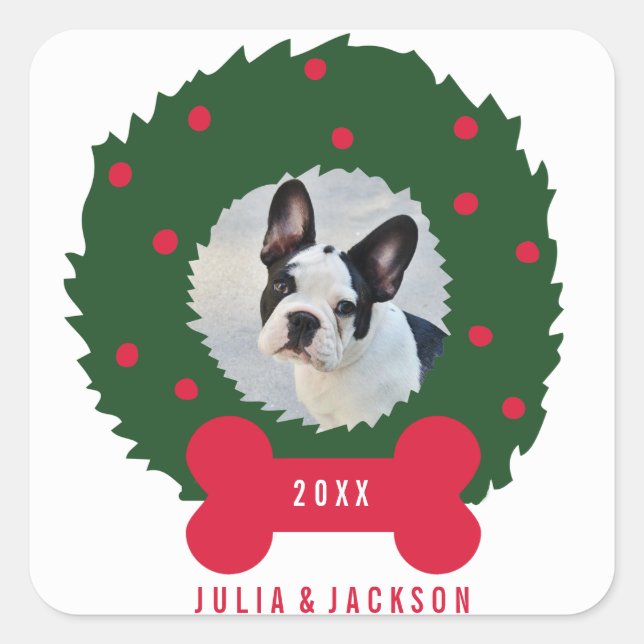 Funny Dog Lover Weihnachtskranz mit Hund-Foto Quadratischer Aufkleber (Vorderseite)