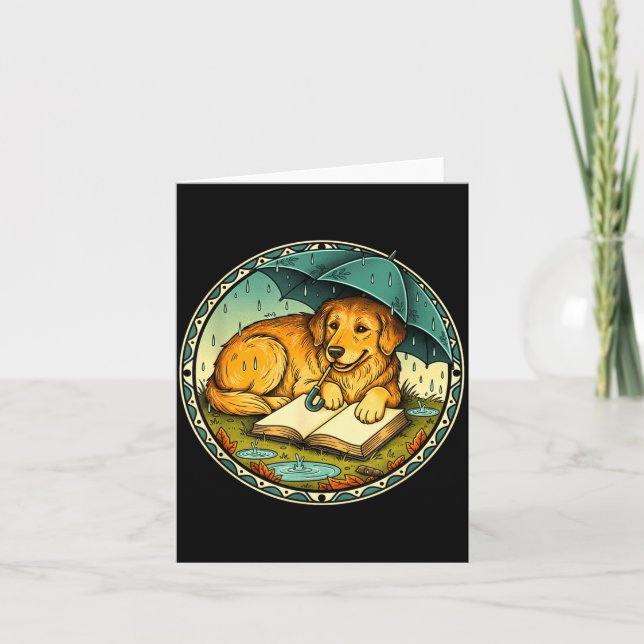 Funny Dog Reading Book Rain Cozy Umbrella Cute Art Karte (Vorderseite)