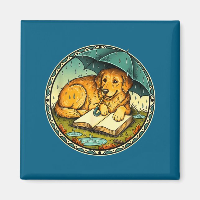 Funny Dog Reading Book Rain Cozy Umbrella Cute Art Magnet (Vorne)
