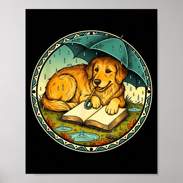 Funny Dog Reading Book Rain Cozy Umbrella Cute Art Poster (Vorne)