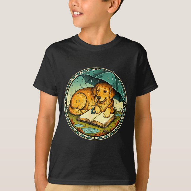 Funny Dog Reading Book Rain Cozy Umbrella Cute Art T-Shirt (Vorderseite)
