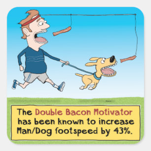 Funny Dog und Man Chasing Bacon Quadratischer Aufkleber