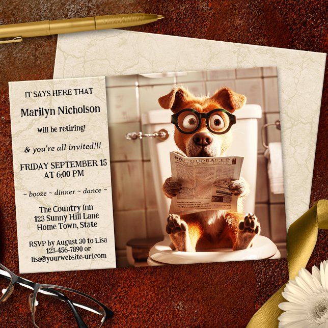 Funny Dog Whimsical Retirement Party Einladung (Whimsical retirement party invitation featuring a funny dog on a toilet seat reading the newspaper)