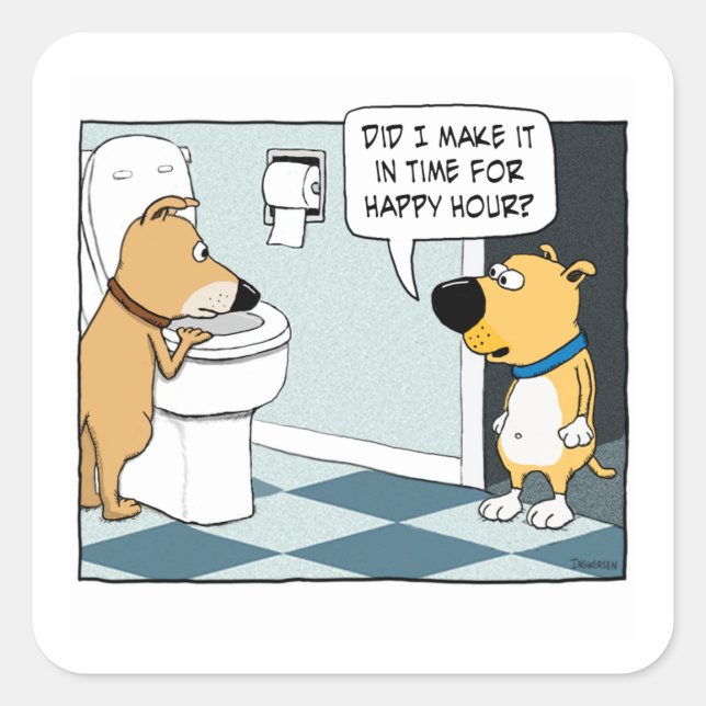 Funny Dogs Happy Hour at Toilet Bowl Quadratischer Aufkleber (Vorderseite)