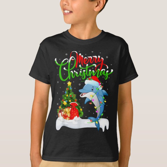 Funny Dolphin Fish Lover Xmas Lighting Dolphin Chr T-Shirt (Vorderseite)