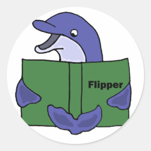 Funny Dolphin Reading Book Cartoon Runder Aufkleber
