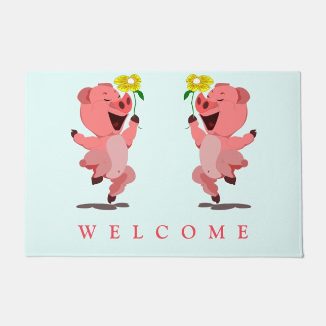 Funny Doormat mit Happy Pig - Willkommen Fußmatte (Vorderseite)