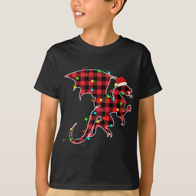 Funny Dragon Weihnachtsbaum Rote Karierte Weihnach T-Shirt (Vorderseite)