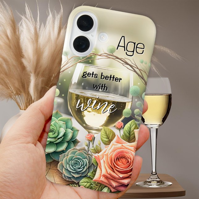 Funny Dreamy Chic Floral White Wine Phone Case (Funny phone case featuring a glass of white wine with roses and succulents)