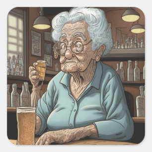 Funny Drink Spaß Old Lady mit Bier und Shot Quadratischer Aufkleber