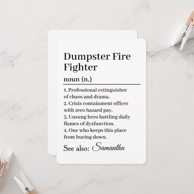 Funny Dumpster Fire Fighter Definition Card Einladung (Vorderseite/Rückseite Beispiel)
